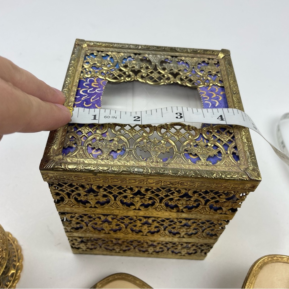 Vintage Filigree 6 Pc Vanity Set Hair Brush Hand Mirror & Perfume Tray Gold Tone - Picture 9 of 12